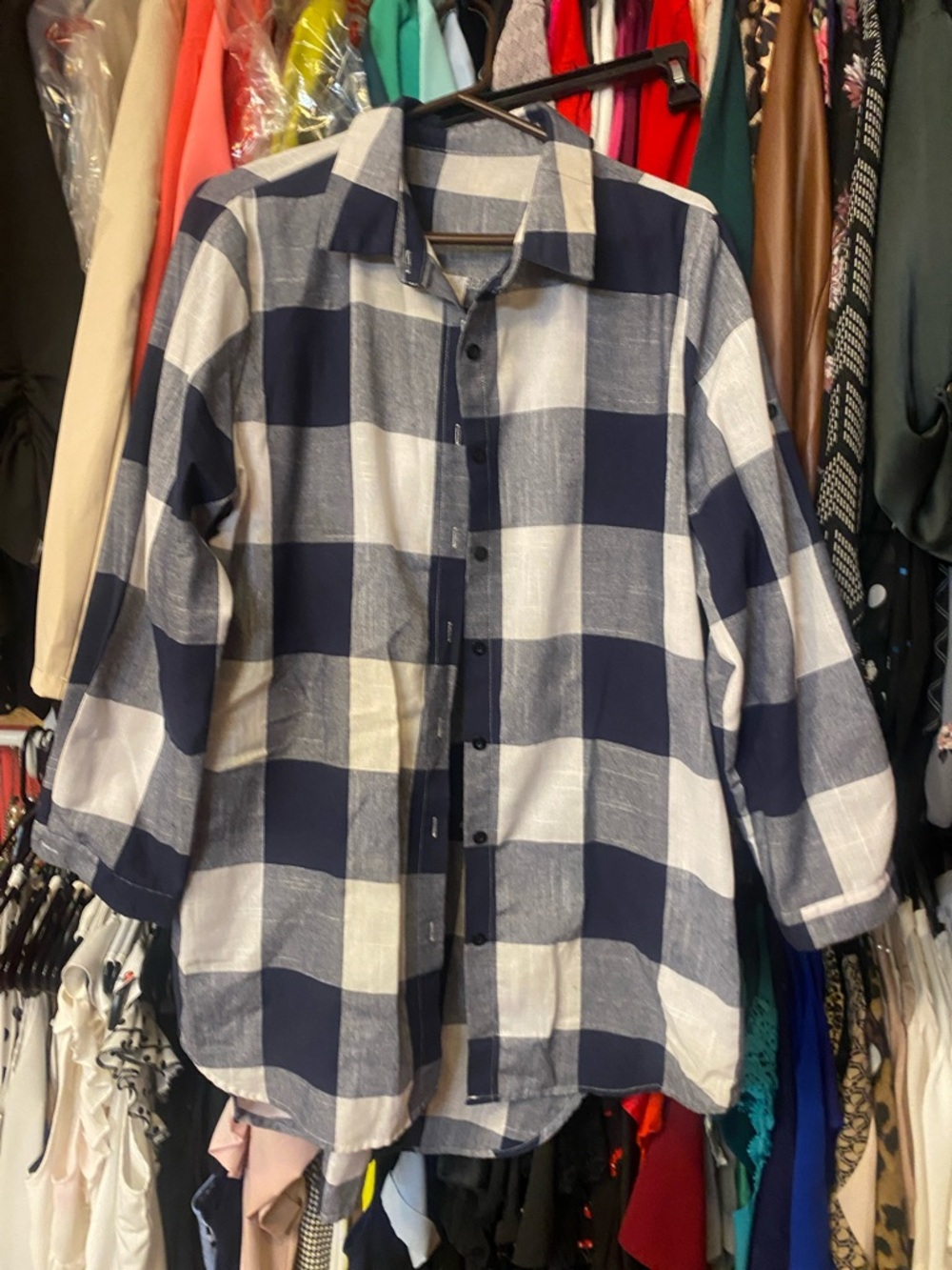 SHEIN Navy and White Large Check Button-Down Shirt